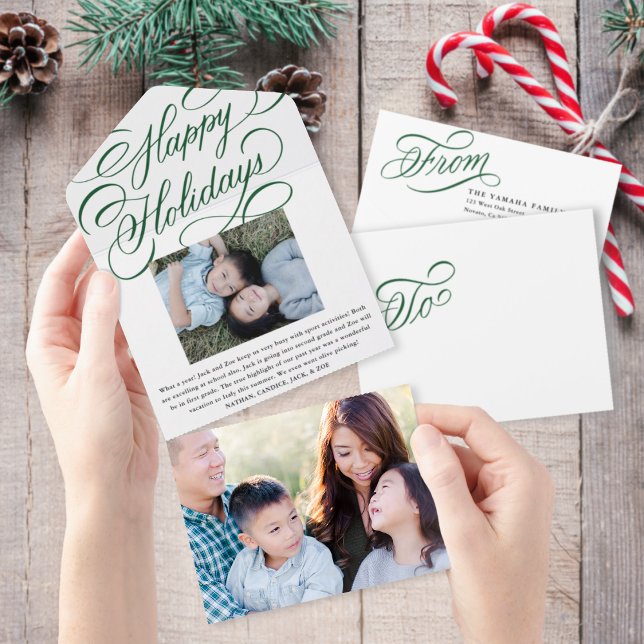 Elegante Green Script Happy Holiday Foto Card All In One Einladung (Von Creator hochgeladen)