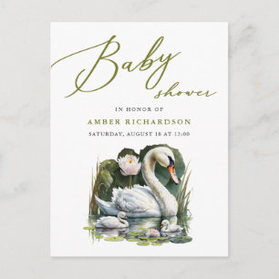 Elegante Green Script Swan Minimalistisch Baby Sho Einladungspostkarte