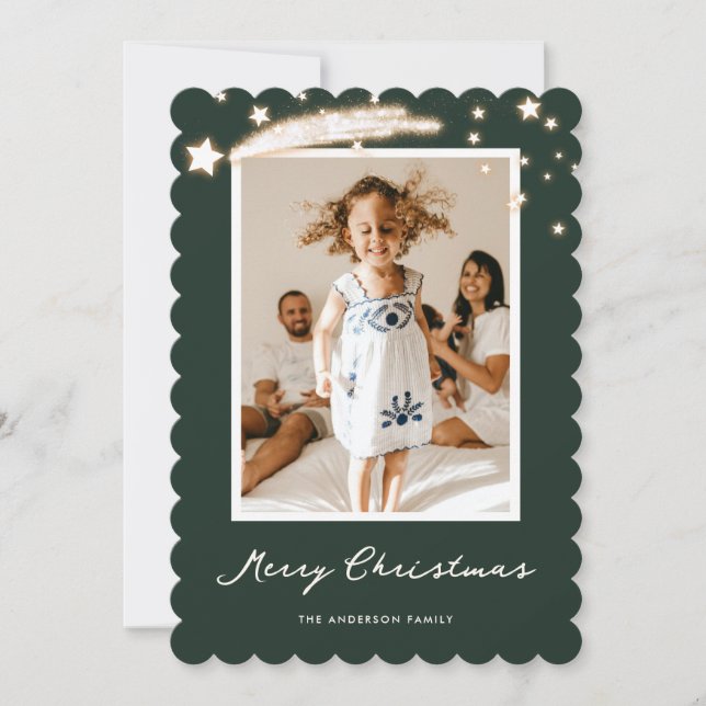 Elégante Green Starry Photo Joyeuse carte de Noël (Devant)