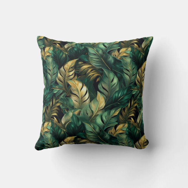 Elegante Green und Gold Monstera Blätter Kissen (Rückseite)