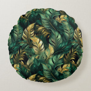 Elegante Green und Gold Monstera Blätter Rundes Kissen