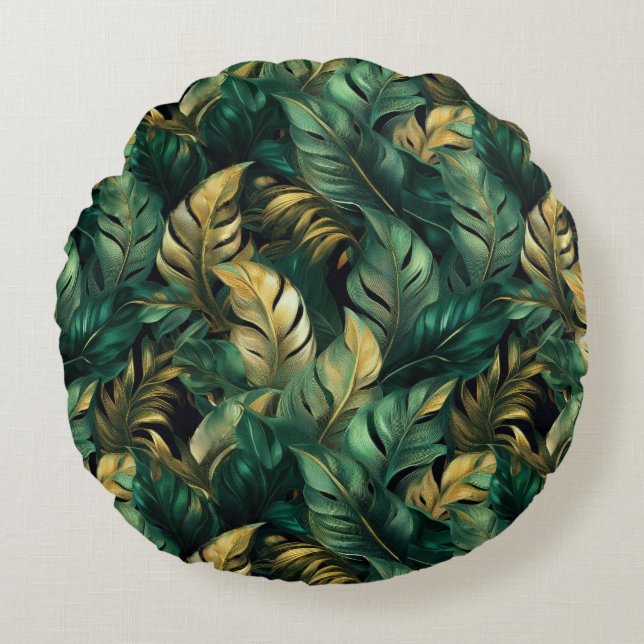 Elegante Green und Gold Monstera Blätter Rundes Kissen (Vorderseite)
