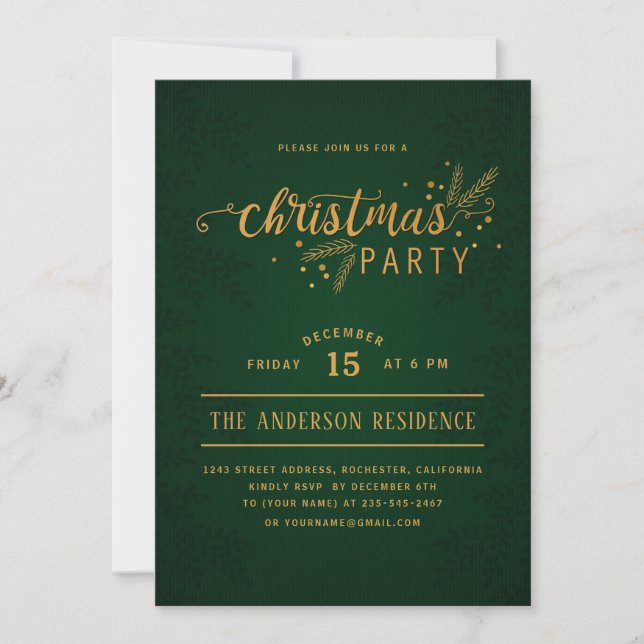 Elegante Green und Gold Weihnachtsfeier Einladung (Vorderseite)