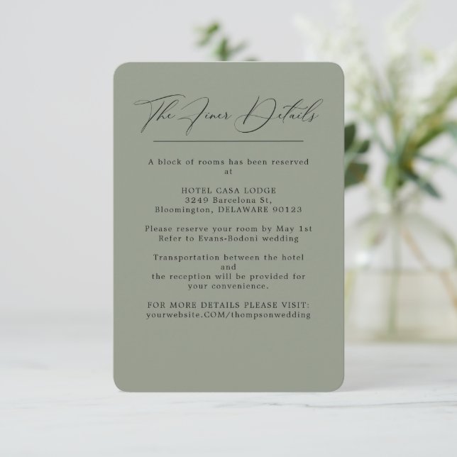 Elegante Green Wedding Details Eintrittskarte Begleitkarte (Stehend Vorderseite)