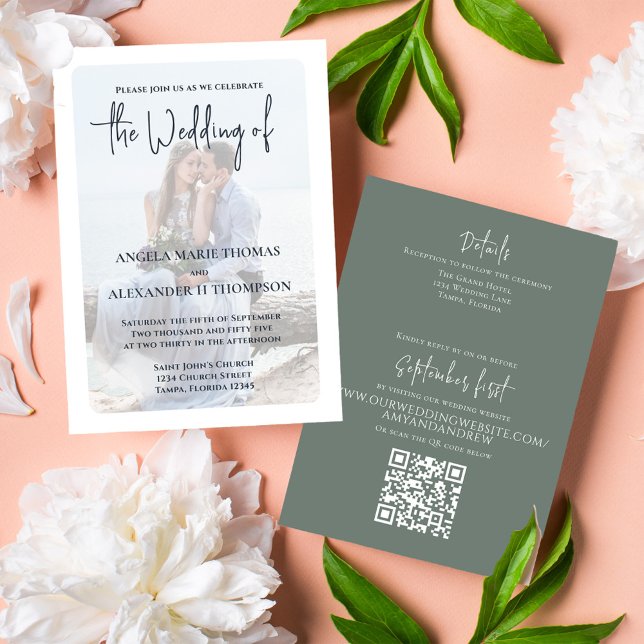 Elegante Green Wedding Foto Vorlage (Elegant green photo Wedding invitation with modern QR code and elegant calligraphy script. )