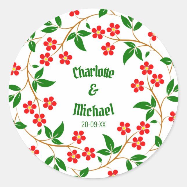 Elegante Green Wreath Floral Wedding Party Runder Aufkleber (Vorderseite)