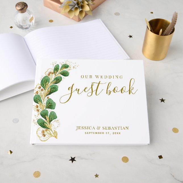 Elegante Greenerity White and Gold Foto Wedding Gästebuch (Vorderseite Offen)