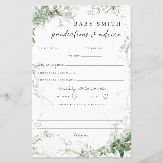 Elegante Greenery Baby Shower Advice Cards (Vorderseite)