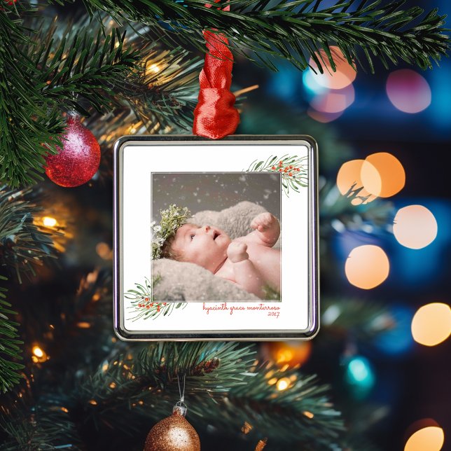 Elegante Greenery Berries Weihnachtsrahmen Foto Ornament Aus Metall (Elegant Greenery Berries Christmas Photo Frame Metal Ornament)