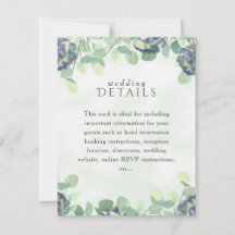 Elegante Greenery Blue Floral Wedding Details Card