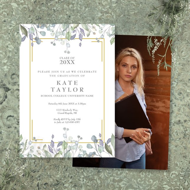 Elegante Greenery Floral Foto Graduation Party Einladung (Elegant Greenery Floral Photo Graduation Party Invitation)