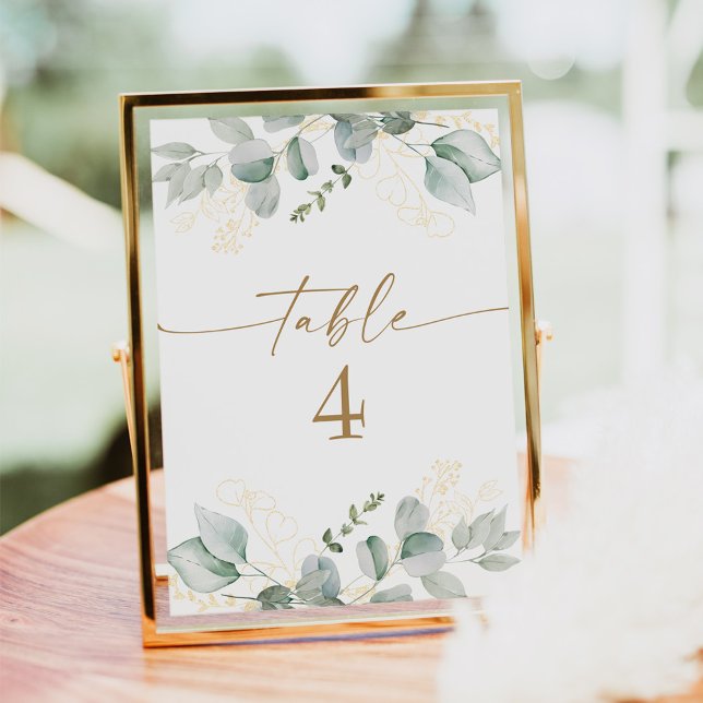 Elegante Greenery & Gold Wedding Tischnummer Cards (Elegant watercolor greenery and gold wedding table number cards)