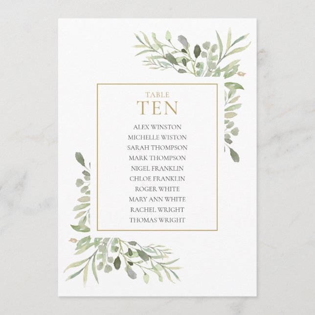 Elegante Greenery Tischnummer 10 Seating Chart (Vorderseite)