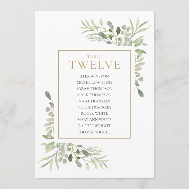Elegante Greenery Tischnummer 12 Seating Chart (Vorderseite)
