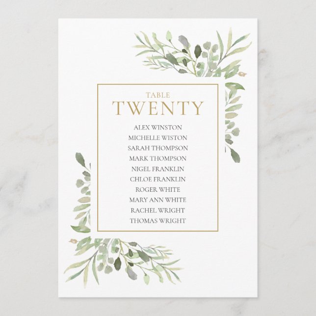 Elegante Greenery Tischnummer 20 Seating Chart (Vorderseite)