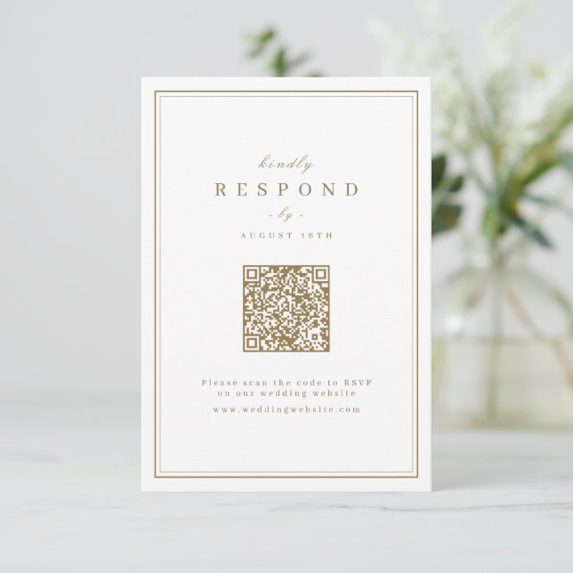 Elegante Grenzen Gold Klasse QR Code Hochzeit RSVP Karte (Stehend Vorderseite)