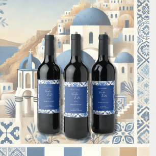Elegante griechisch-blaue und weiße Hochzeit Weinetikett