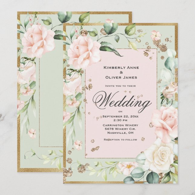 Elegante Grün Blush Bloral Hochzeit Einladung (Vorne/Hinten)