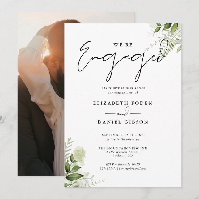 Elegante Grün-Foto-Engagement-Partei Einladung (Vorne/Hinten)