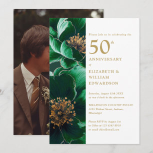 Elegante Grün-Gold-Blumen 50. Hochzeitstag Foto Einladung