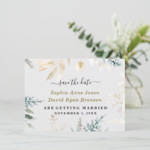 Elegante Grün Goldene Blätter Hochzeit Kalligrafie Save The Date