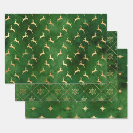 Elegante grün-goldene Weihnachtsmuster Geschenkpapier Set