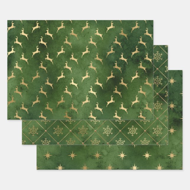 Elegante grün-goldene Weihnachtsmuster Geschenkpapier Set (Set)