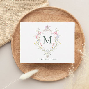 Elegante Grün-Rokokot Blumenwappen-Monogramm Mitteilungskarte