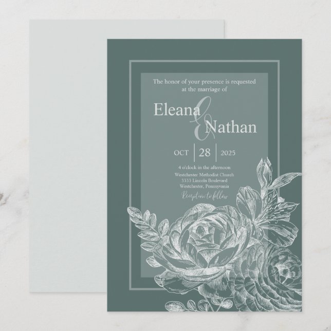 Elegante Grün- und Botanische Blumenhochzeit Einladung (Vorne/Hinten)