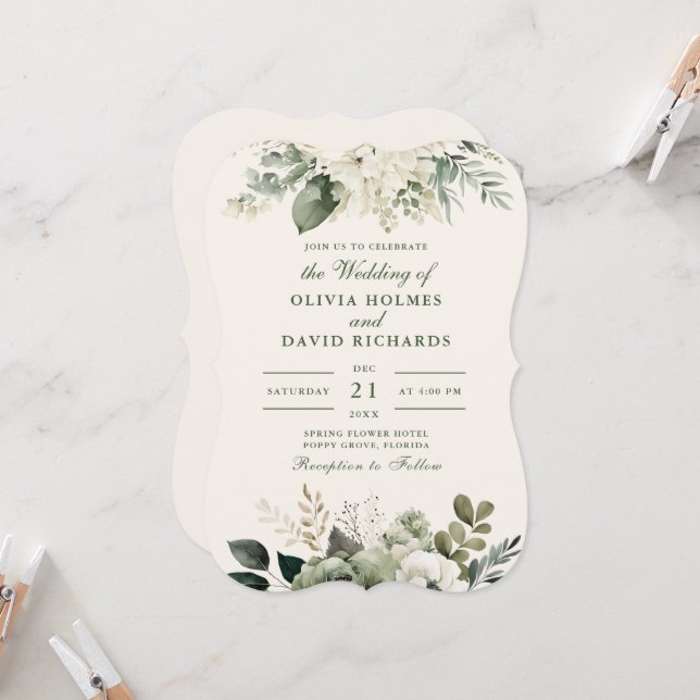 Elegante Grün- und Elfenbeinhochzeiten für Blume Einladung (Vorderseite/Rückseite Beispiel)