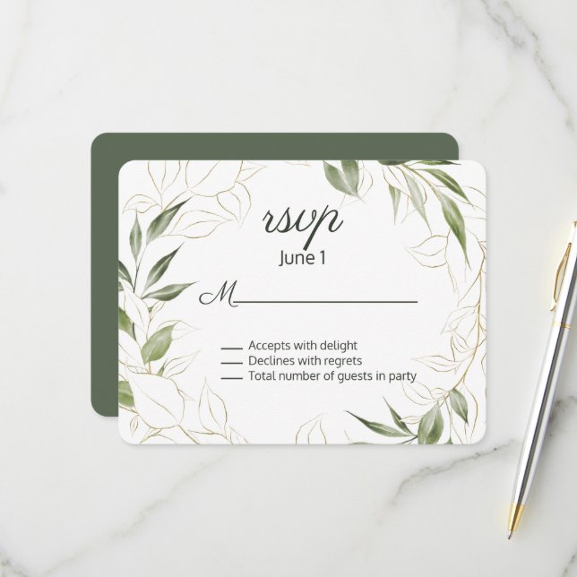 Elegante Grün- und Gold-Blätter Hochzeit RSVP Karte (Vorderseite/Rückseite Beispiel)