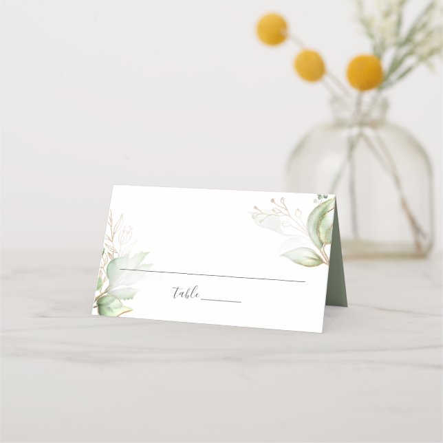 Elegante Grün- und Goldhochzeit Platzkarte (Vorderseite)
