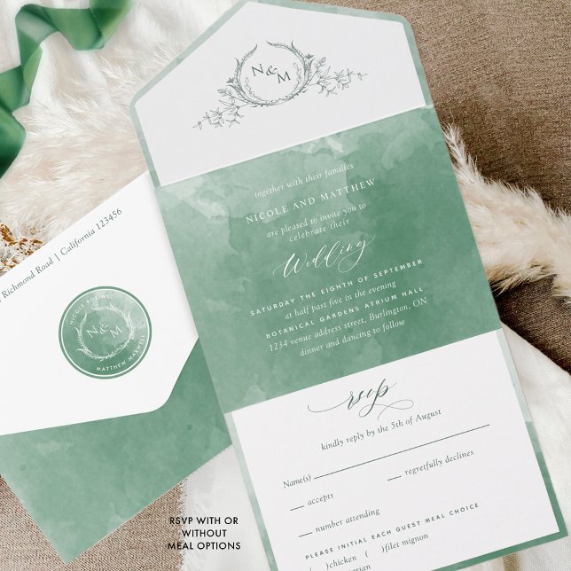 Elegante grüne Aquarellfarben-Monogramm-Hochzeit All In One Einladung (Von Creator hochgeladen)