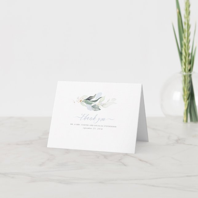 Elegante grüne Blätter Dusty Blue Wedding Vielen D Dankeskarte (Vorderseite)