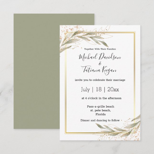 elegante grüne Blätter Goldpreis Hochzeit Einladung (Vorne/Hinten)
