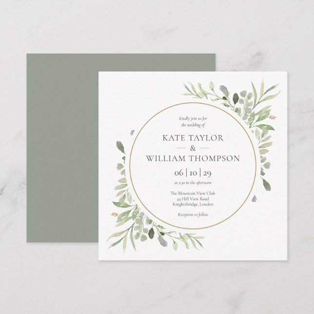 Elegante Grüne Blätter Hochzeit Einladung (Vorne/Hinten)