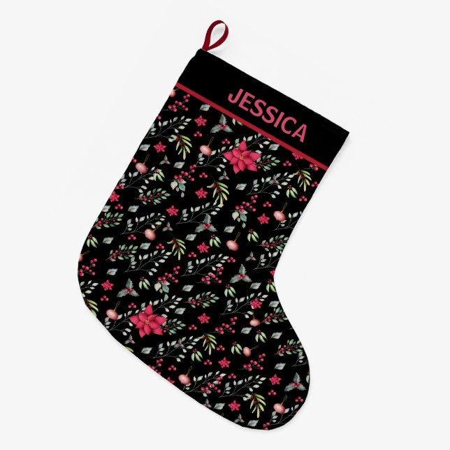 Elegante grüne Blätter und Rote Holly Berries Großer Weihnachtsstrumpf (Vorderansicht (hängend))