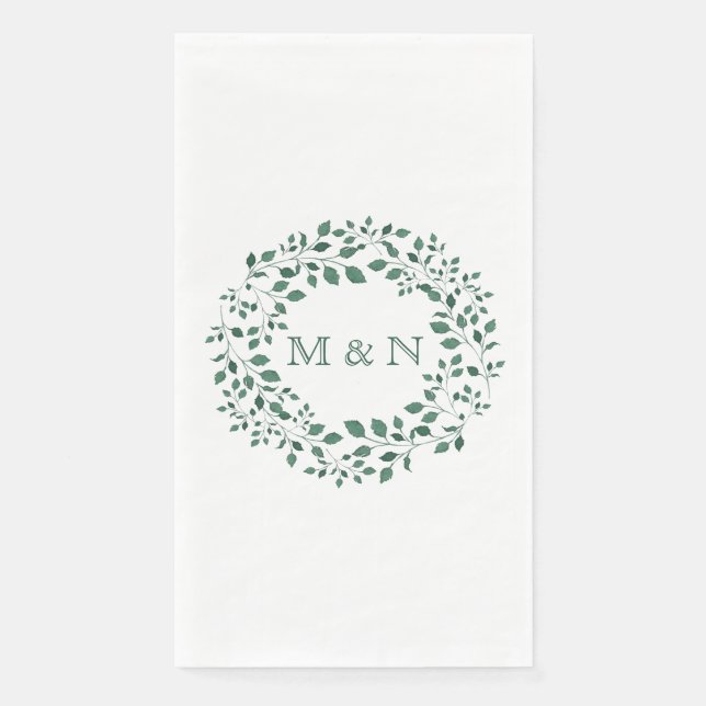 Elegante grüne Blätter Wasserfarben Mit Monogramm Serviette (Vorderseite)