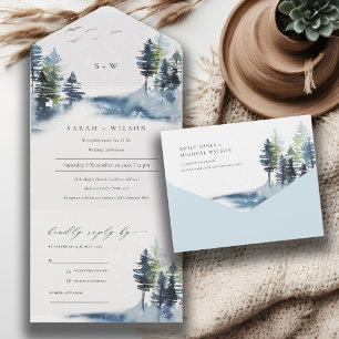 Elegante grüne blaue Kiefernwälder Wald Vögel Hoch All In One Einladung