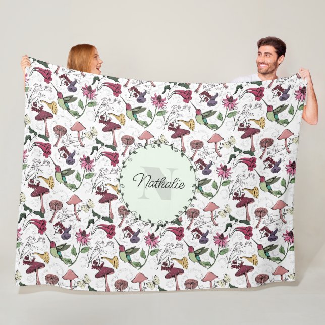 Elegante grüne Blume & Hummingbird Monogram Fleecedecke (Beispiel)