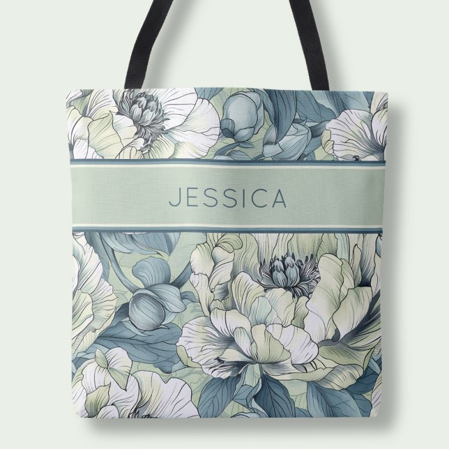 Elegante grüne Blumenbezeichnungen Botanische Blum Tasche (Elegant Green Floral Name Botanical Sage Flowers Tote Bag)