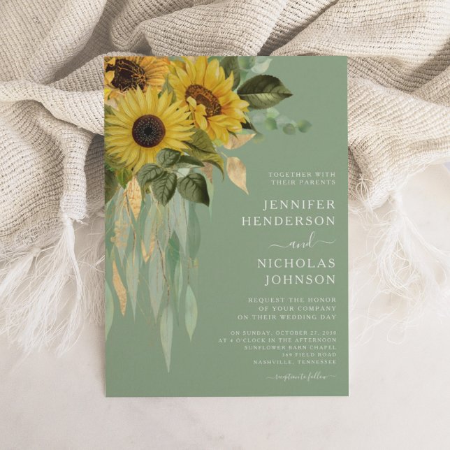 Elegante grüne Blütenblumen Hochzeit Einladung (Elegant Green Floral Sunflowers Wedding Invitation)