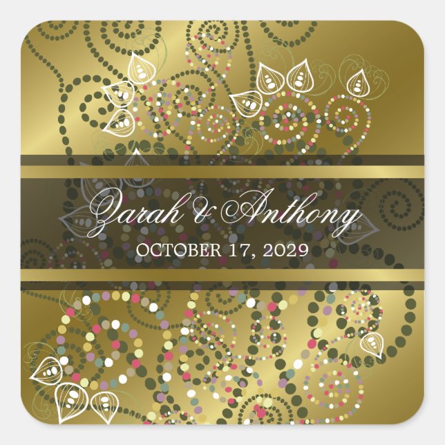 Elegante grüne Boho Dot Spirals Gold Ethnic Weddin Quadratischer Aufkleber (Vorderseite)