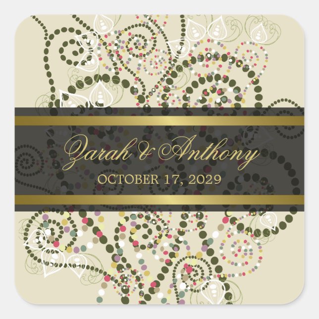 Elegante Grüne Boho Spirals Klassische Hochzeitsti Quadratischer Aufkleber (Vorderseite)