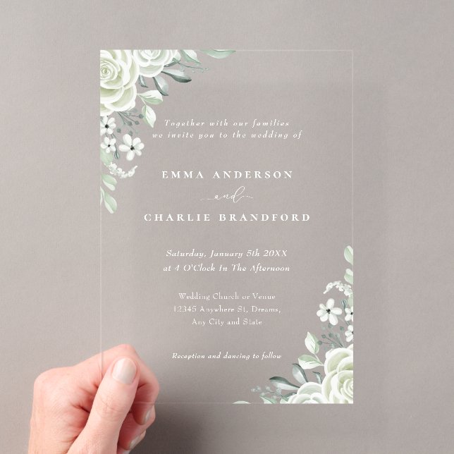 Elegante grüne botanische Blume Script Hochzeit Acryleinladungen (Insitu (Handheld))