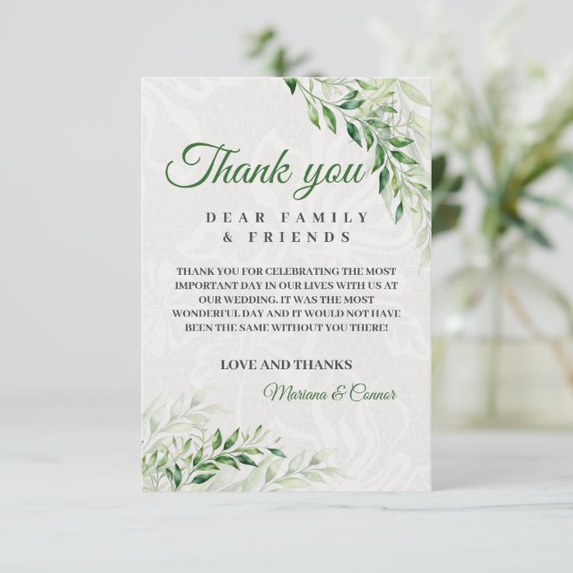 Elegante grüne botanische Hochzeit Dankeskarte (Stehend Vorderseite)