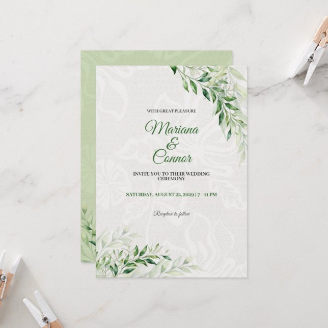 Elegante grüne botanische Hochzeit Einladung (Vorderseite/Rückseite Beispiel)