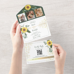 Elegante grüne botanische Sonnenblumen-Hochzeit All In One Einladung