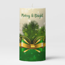 Elegante grüne Boughs & Gold Ribbon-Säule Kerze