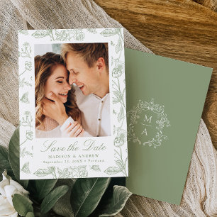 Elegante grüne Chinoiserie-Blumen-Hochzeitsfoto Save The Date